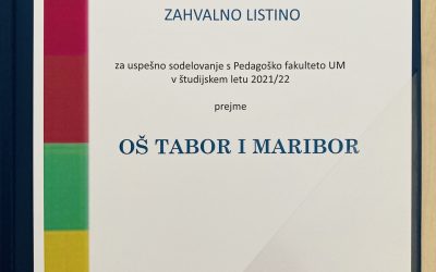 OŠ Tabor I Maribor – prejemnica zahvalne listine Pedagoške fakultete UM